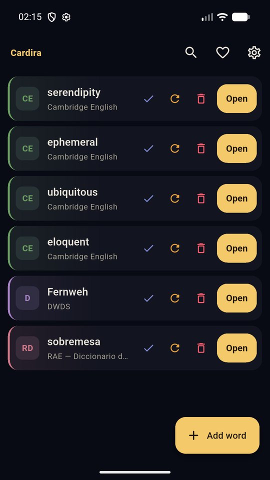The Cardira word list: each word shows the dictionary it is bound to, with Remember, Forgot and Open controls.